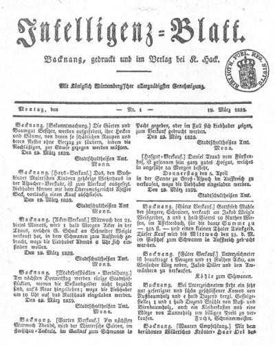 Titelblatt der ersten Ausgabe der späteren - "Backnanger Zeitung" vom 19. März 1832