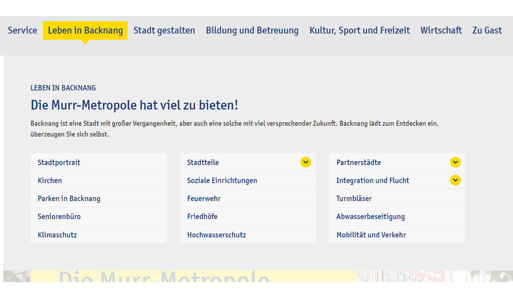 geöffnete Navigation vom Punkt "Leben in Backnang"